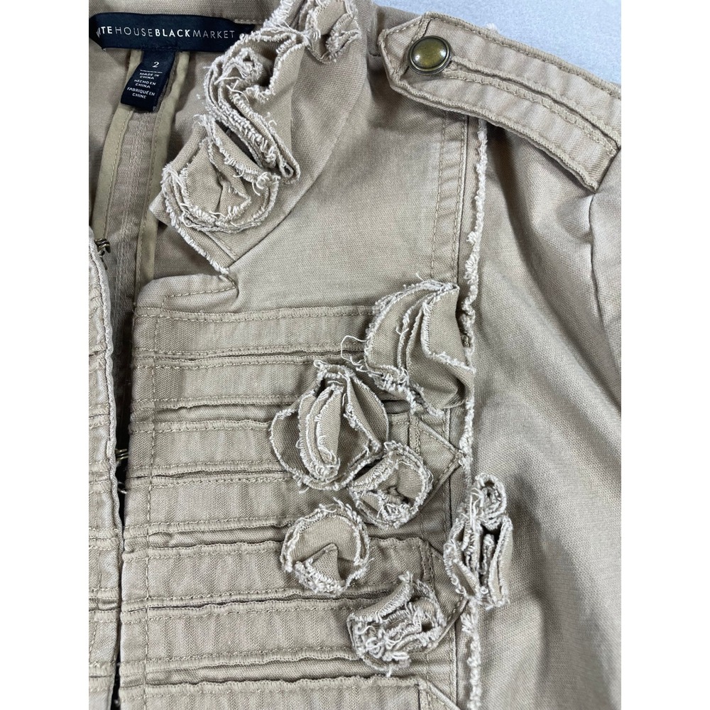 White House Black Market Womens Jacket Military Ruffle Tan Cotton Blend Size 2 - Picture 8 of 10